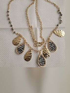 Gold Teardrop Pendant Necklace with Black Crystal Accents